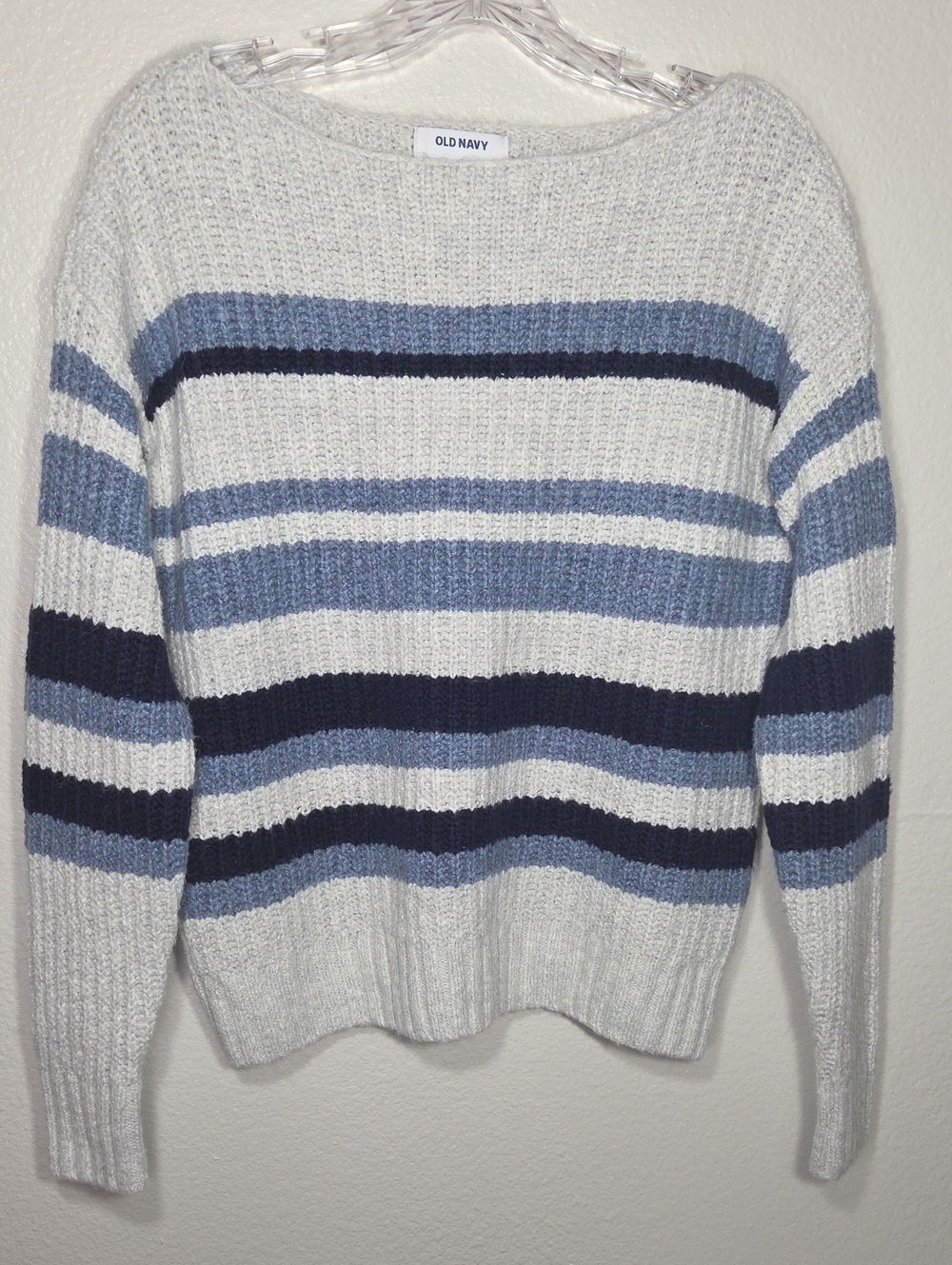 Old Navy Women's Light Gray Crewneck Sweater with Blue Stripes